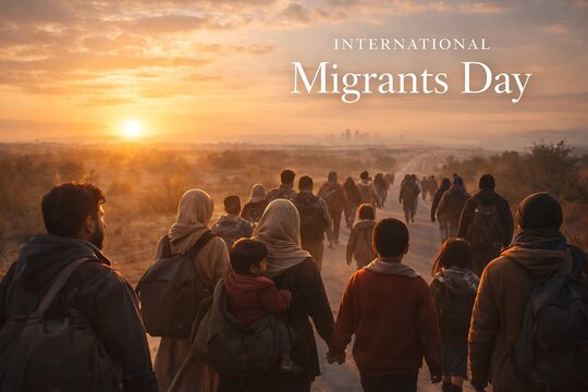 A group of migrants walking along a dusty road at sunrise