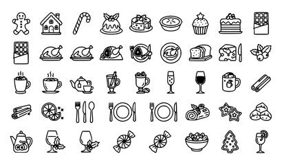 Fototapeta premium Christmas Holiday Food Beverage Drink Thin Line Editable Vector Icon Collection