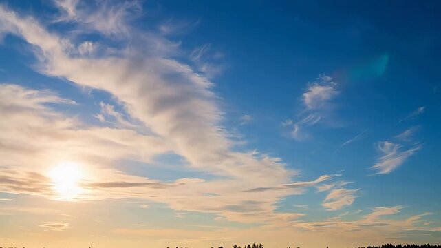 Beautiful bright blue sky with wispy cirrus clouds during a golden sunrise
