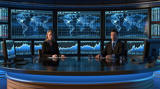 Business anchors presenting global financial data during a news broadcast with digital world maps and charts