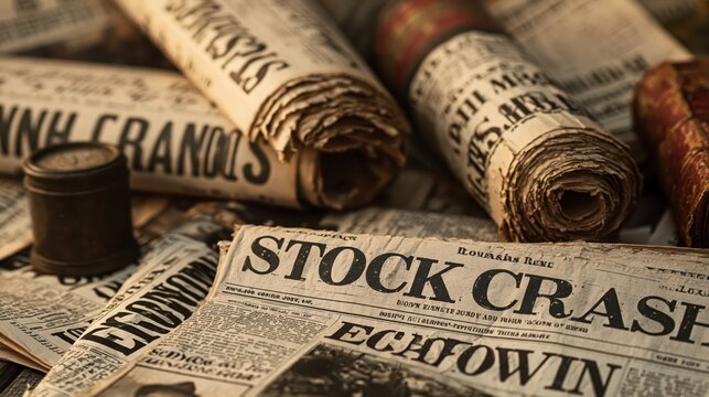 Rolled and unfolded vintage newspapers with headlines about stock crash during warm golden hour lighting