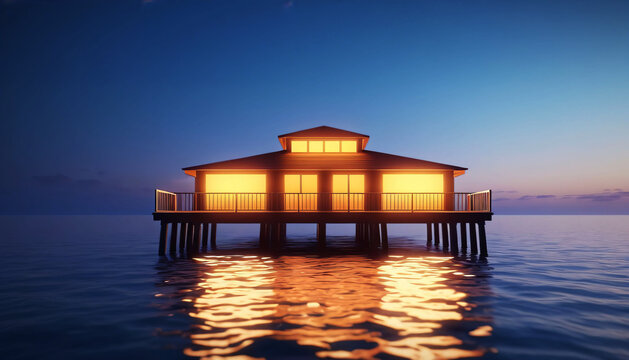 Glowing house on stilts above calm reflective water