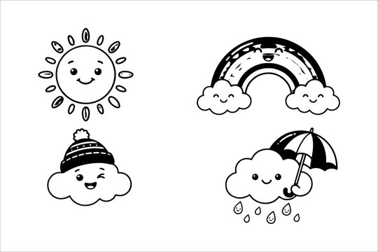 Four cute weather icons showing sunny, rainbow, snowy, and rainy days