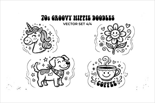 Groovy doodle set featuring a unicorn, flower, dog, and coffee cup in 70s hippie style