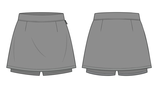 Technical Sketch of Grey Women Athletic Skort for Tennis and Golf Front and Back View Apparel Design Mockup