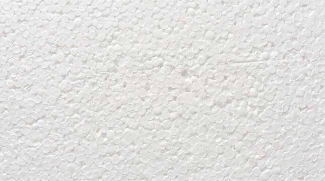 Close-up view of a white styrofoam surface texture, featuring a dense pattern of small, compressed spherical beads and irregular circular shapes in a monochromatic white color palette