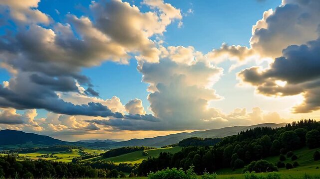 Scenic sunset landscape with lush green hills, rolling fields, and dramatic cloudy sky filled with golden light
