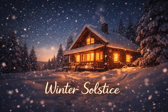 Cozy log cabin in a snowy forest during winter solstice at night