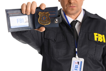 Naklejka premium Mature FBI agent showing document on white background, closeup