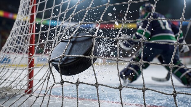 Ice Hockey Puck Hitting Goal Net with Ice Spray Dynamic Action Close Up