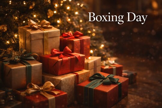 Boxing day festive gifts under a decorated christmas tree with warm lights