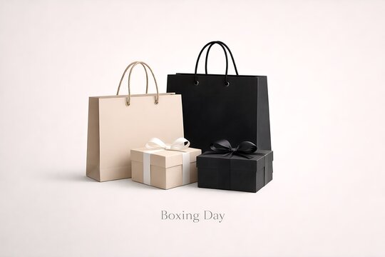 Elegant beige and black shopping bags with matching gift boxes