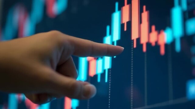A hand points to fluctuating chart on digital screen, with charts displaying various data points. This illustrates stock market analysis, investment strategies, , focus on financial insights.
