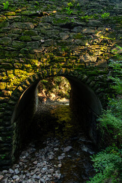 An old stone tunnel in a forest with a stream going under it 