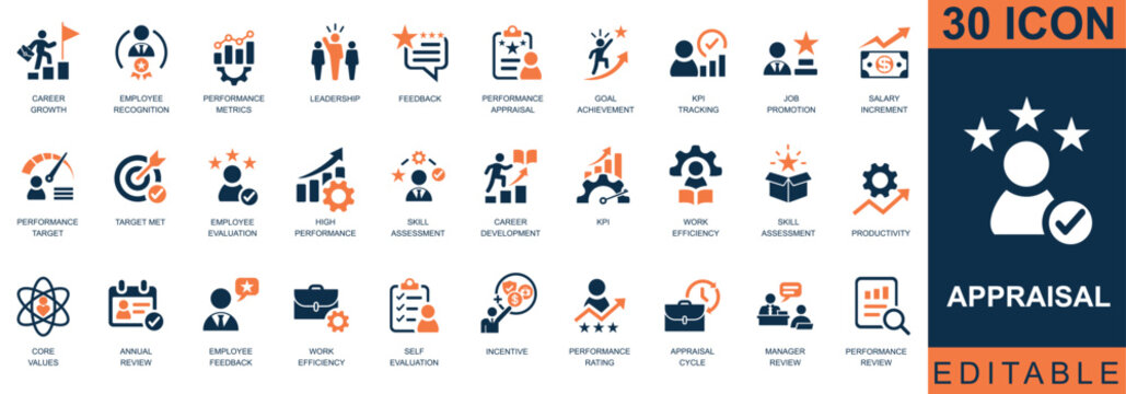 Employee Performance Appraisal and Evaluation Icons. Featuring leadership, productivity, kpi tracking, talent management, and career growth. Editable vector icons for human resources and management.