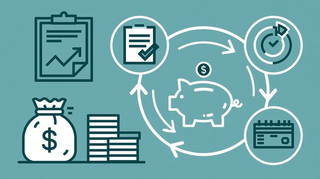 Piggy bank with coins graph calendar and checklist elements showing financial planning and savings growth