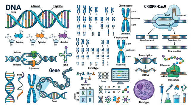 Comprehensive Educational Infographic Illustrating DNA Structure, Genetic Engineering, and Genomic Processes in a Vector Collection