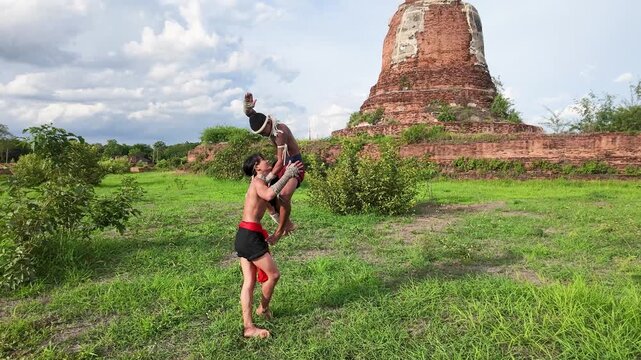 Muay Thai Fighters Training at Ayutthaya Historical Site in Thailand