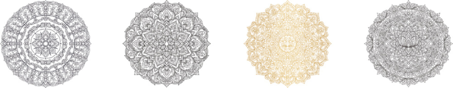 Thai Traditional Line Art, Mandala Floral Ornament, vector isolated on white