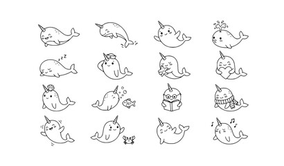 Fototapeta premium Cute Narwhal Line Art Vector Collection for Kids Stickers and Posters