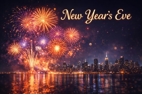New years eve celebration with fireworks over a city skyline