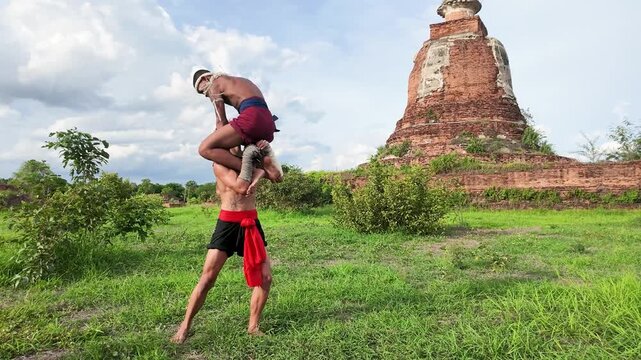 Muay Thai Fighters Performing Traditional Martial Arts at Ayutthaya Ruins