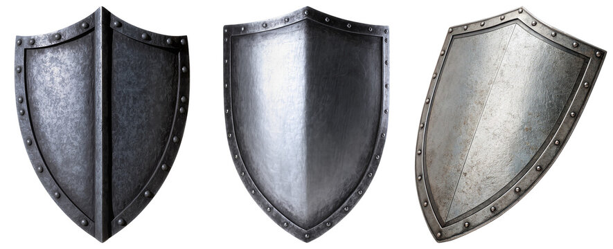 Three medieval metal shields isolated on white background