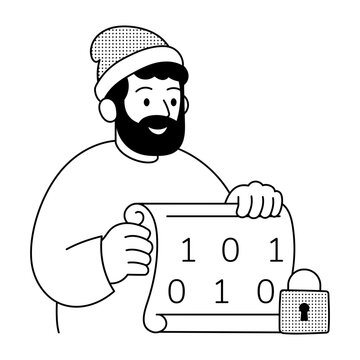 Linear illustration of a bearded man holding binary data with a padlock, representing data encryption and protected digital information.