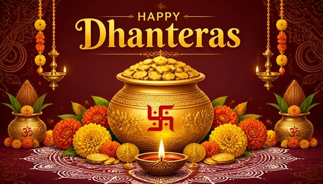 Pot with gold coins and marigold flowers for dhanteras celebration