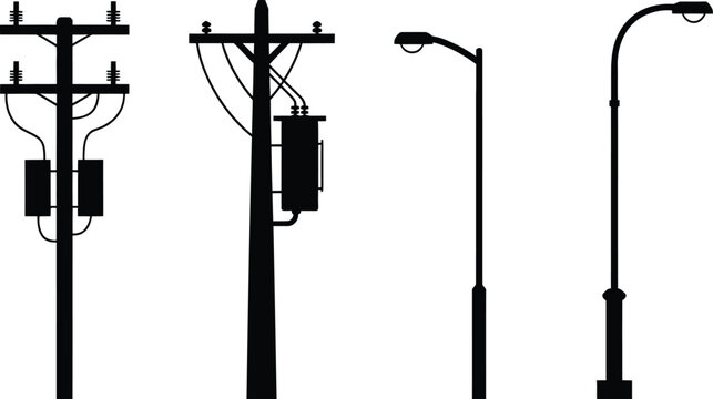 Set of black silhouettes showing different types of utility poles, wooden electrical posts, and street lamps, isolated on a white background, for infrastructure planning
