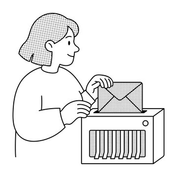 Linear illustration of a person feeding an envelope into a shredder, representing secure deletion and removal of sensitive digital files.
