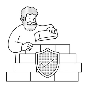 Linear illustration of a man building a brick wall around a shield, representing firewall installation and stronger digital system protection.
