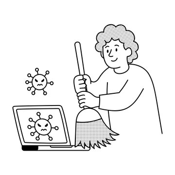 Linear illustration of a woman sweeping virus symbols away from a laptop, representing malware cleaning and removal of harmful software threats.
