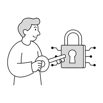 Linear illustration of a person turning a key into a locked padlock with data lines, representing password encryption and protected credentials.