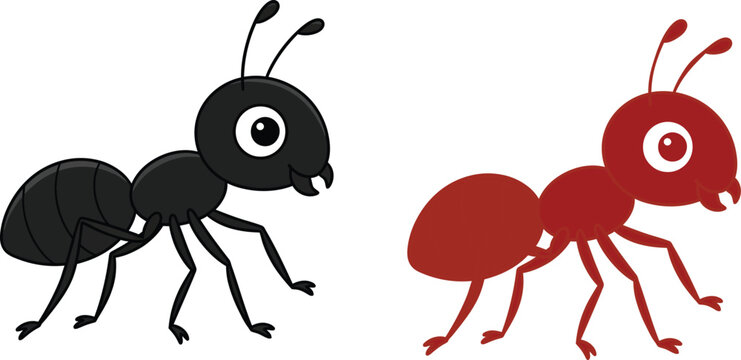 Cartoon illustration of two ants in different colors isolated on a white background