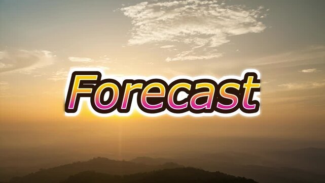 Animated forecast title graphic over scenic sunset mountain landscape with video colorful forecast title sliding