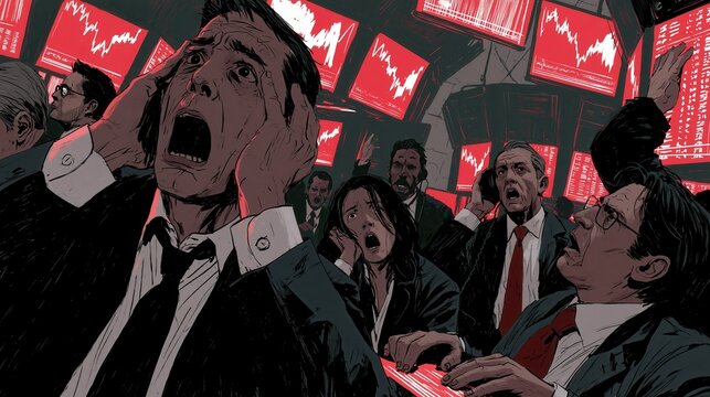 Panicked traders reacting to red stock market crash during financial crisis with extreme emotion