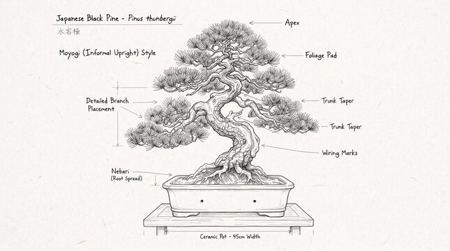 Bonsai Tree Line Art Botanical Illustration Technical Drawing Sketch