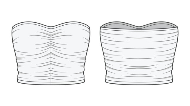 Women strapless gathered tube top technical drawing set showing front and back view fashion design template