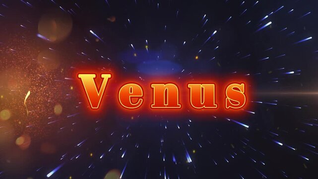 Glowing orange text venus floating amidst a dynamic hyperspace warp tunnel with radiant blue light streaks with cosmic background rapid
