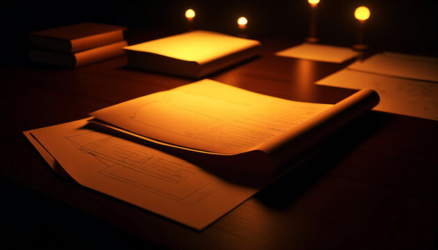 Technical documents and rolled plans on illuminated desk