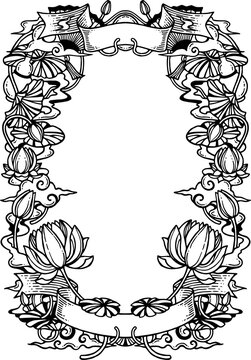 Vintage Asian oriental black hand drawn line art, lotus flower frame border with banner ribbons and clouds sketch vector line art illustration isolated on white background