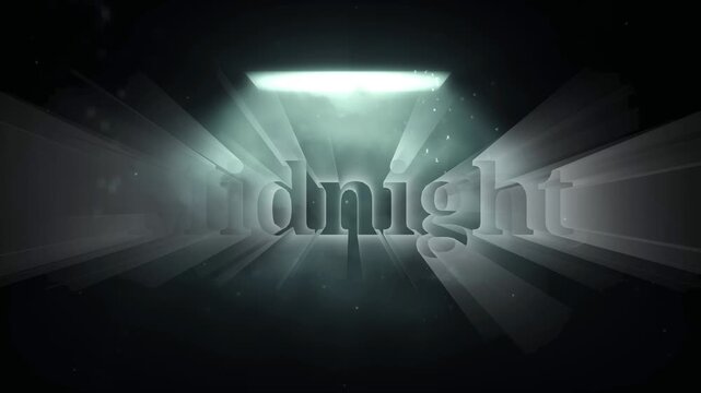 Dramatic midnight text appears with light rays with video word Midnight written bold blue letters white outline