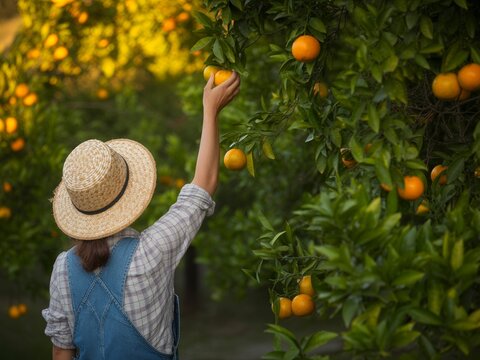 Farmer Picking Oranges from a Fruit Tree