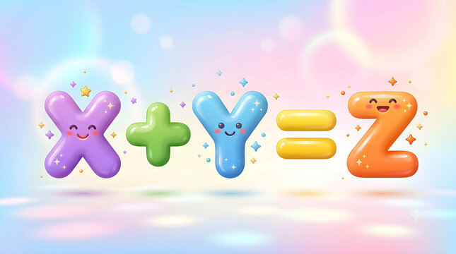 Cute bubbly 3D algebra equation x plus y equals z