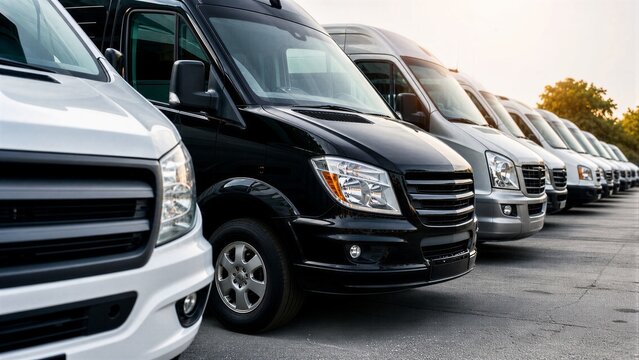 Modern commercial passenger vans neatly parked in a row, ready for the business transportation industry and corporate fleet services.