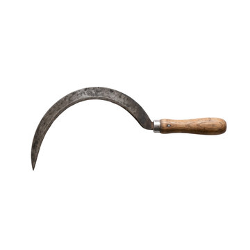 Rustic metal sickle with wooden handle on a white background.