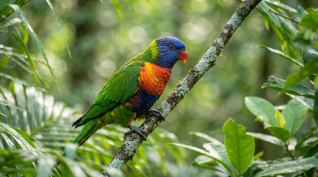 Vibrant Rainbow Lorikeet with Colorful Plumage Perched on a Forest Branch
