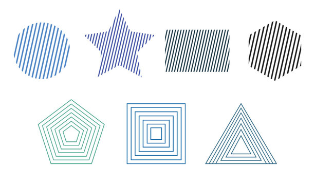 Vector illustration set of geometric shapes with striped and concentric line patterns isolated on white background, simple modern design elements collection