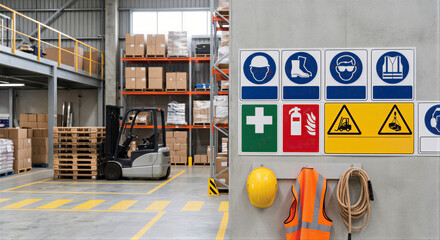 Naklejka premium Industrial Warehouse with Forklift and Workplace Safety Equipment